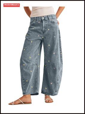 Women's Embroidered Barrel Jeans Mid Rise Wide Leg Ankle Denim Pants